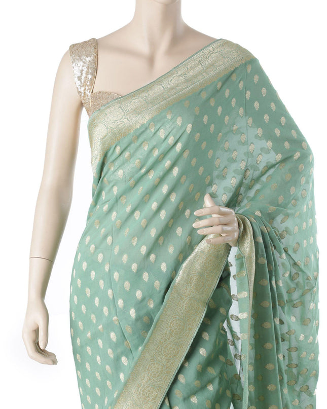 Laurel green blended synthetic chiffon saree with thin multicolor embroidery in fancy design