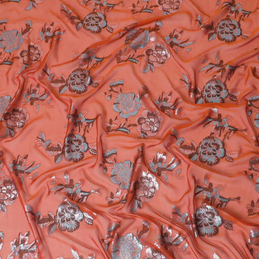 قماش شيفون حريري خالص برتقالي داكن بنفس اللون ولوريكس معدني أزرق بتصميم زهور-D13726