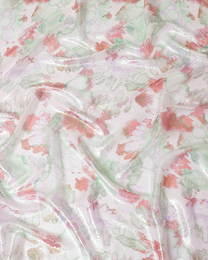قماش شيفون من الحرير الخالص باللون الأبيض الفاتح مع طباعة متعددة الألوان مع لوريكس معدني باللون الأخضر النيون بتصميم الأزهار-D14653