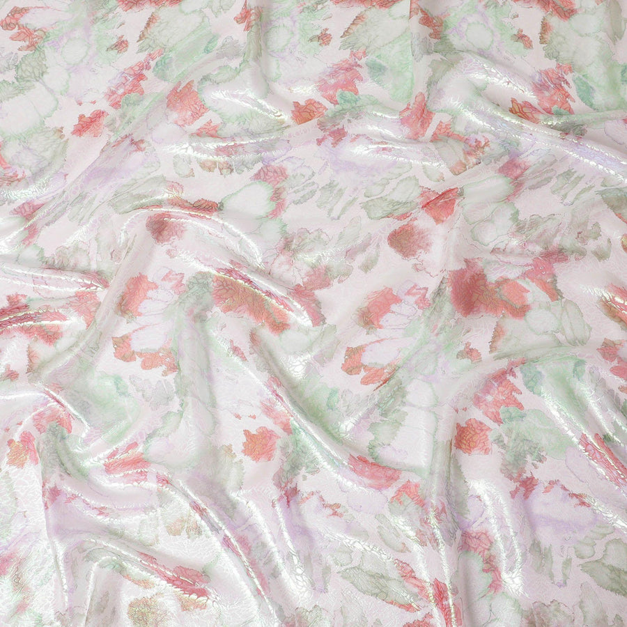 قماش شيفون من الحرير الخالص باللون الأبيض الفاتح مع طباعة متعددة الألوان مع لوريكس معدني باللون الأخضر النيون بتصميم الأزهار-D14653