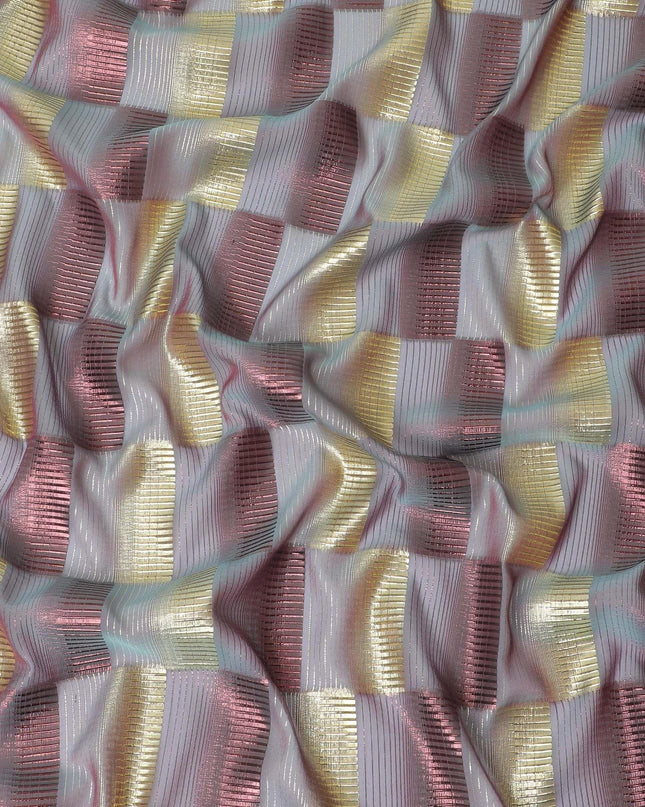 قماش شيفون حريري خالص فاخر باللون الأزرق والوردي مع لوركس معدني ذهبي ونحاسي بتصميم مربعات-D11495