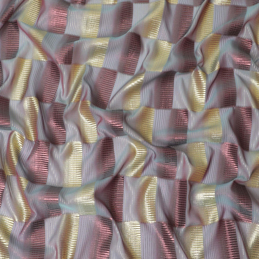 Powder blue, pink premium pure silk chiffon fabric with gold and copper metallic lurex in checks design-D11495