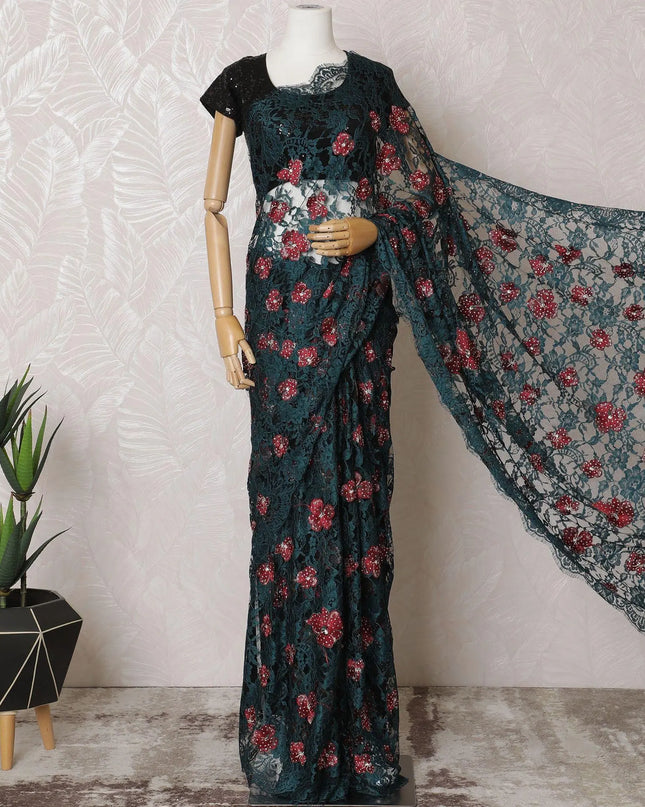 Petrol blue, black Premium pure French two tone chantilly lace saree with crimson red, gold embroidery having stone work in floral design-D15543 Regal Fabrics