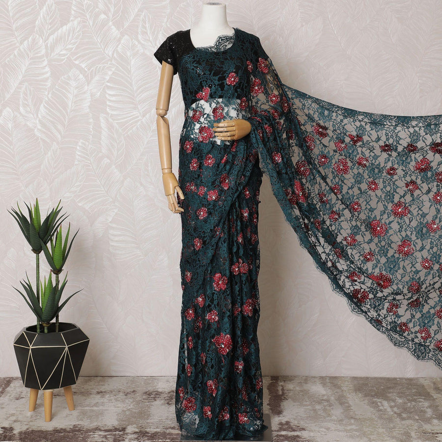 Petrol blue, black Premium pure French two tone chantilly lace saree with crimson red, gold embroidery having stone work in floral design-D15543