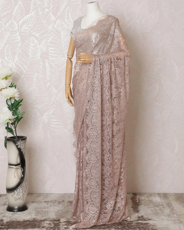Pale brown Premium pure metallic French chantilly lace saree having stone work in floral design-D14892 Regal Fabrics