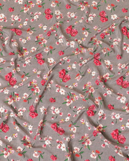 Liver brown premium pure silk crepe fabric with ruby pink, beige and forest green print in floral design-D9394