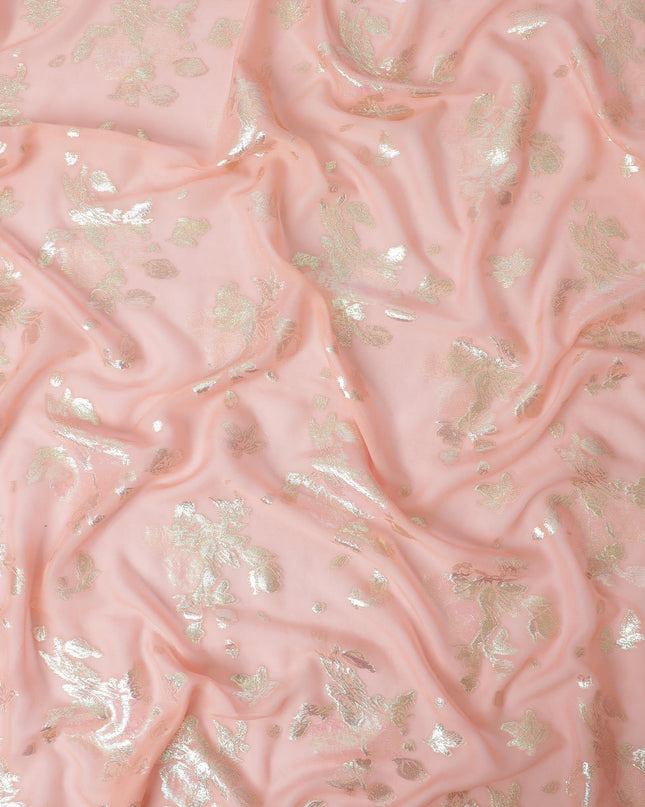 قماش شيفون من الحرير الخالص الخوخي الفاخر مع لوريكس معدني ذهبي وأخضر نيون بتصميم زهور-D13266