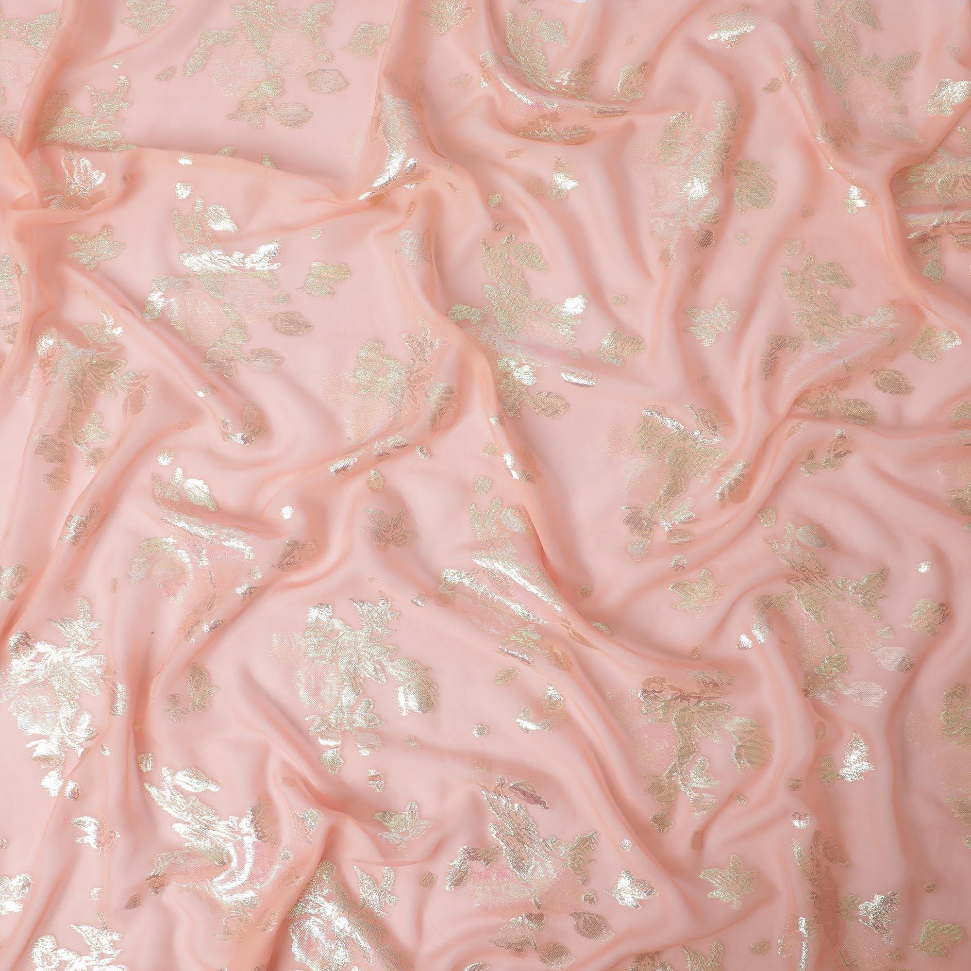 Peach Premium pure silk chiffon fabric with gold and neon green