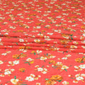 Scarlet red premium pure silk crepe fabric with beige, forest green and mustard yellow print in floral design-D9398 Regal Fabrics