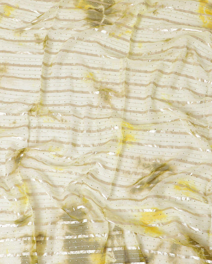 Multicolor synthetic chiffon fabric with gold stripe having same tone metallic dot foil in stripe design-D13658 Regal Fabrics