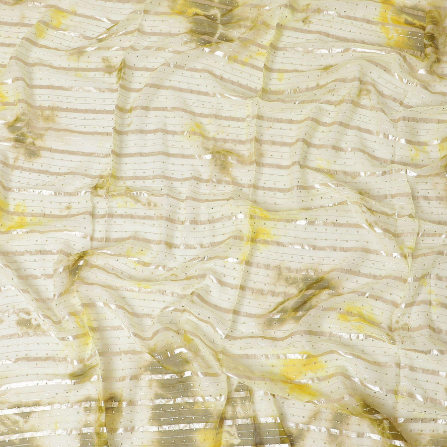 Multicolor synthetic chiffon fabric with gold stripe having same tone metallic dot foil in stripe design-D13658 Regal Fabrics