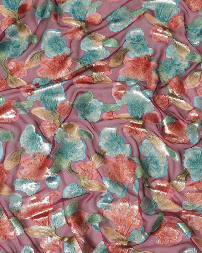 قماش شيفون حرير خالص فاخر باللون العنابي مع طباعة يدوية متعددة الألوان ولوريكس معدني بتصميم زهور-D10426