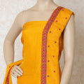 Gold yellow silk kameez with multicolor kashmiri embroidery having stone work in paisley design. Gold plain salwar with chiffon dupatta having multicolor embroidery and stone work-D12682 Regal Fabrics