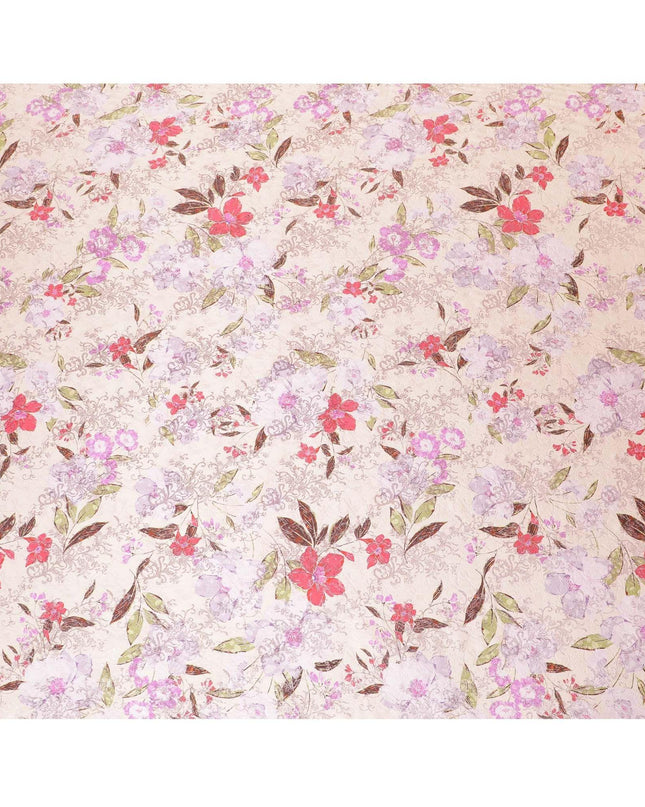 Light pink premium pure silk satin fabric with multicolor print having rose pink film metallic in floral design-D9418