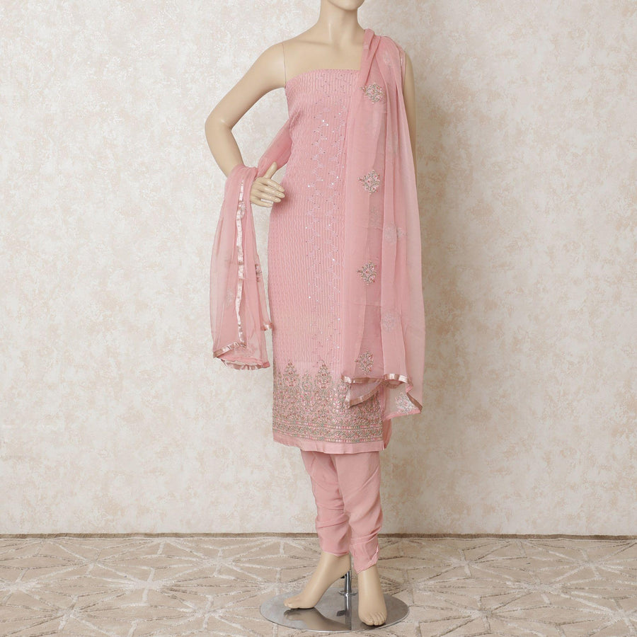 سلمو كريب هندي صناعي وردي بنفس اللون، أخضر زيتوني، تطريز ذهبي بتصميم زهور به ترتر. نفس اللون السلوار العادي مع وشاح شيفون -D9975