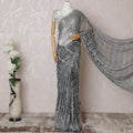 Black, silver Premium pure French metallic chantilly lace saree having stone work in floral design-D14620