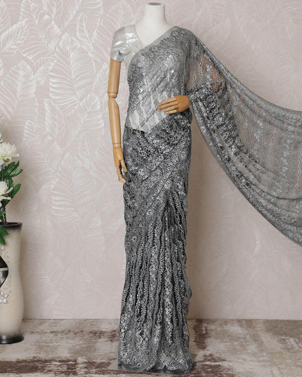 Black, silver Premium pure French metallic chantilly lace saree having stone work in floral design-D14620