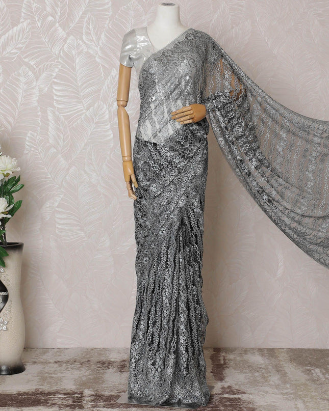 Black, silver Premium pure French metallic chantilly lace saree having stone work in floral design-D14620