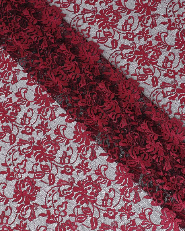 Black lace fabric with brick pink embroidery in floral design-D12083