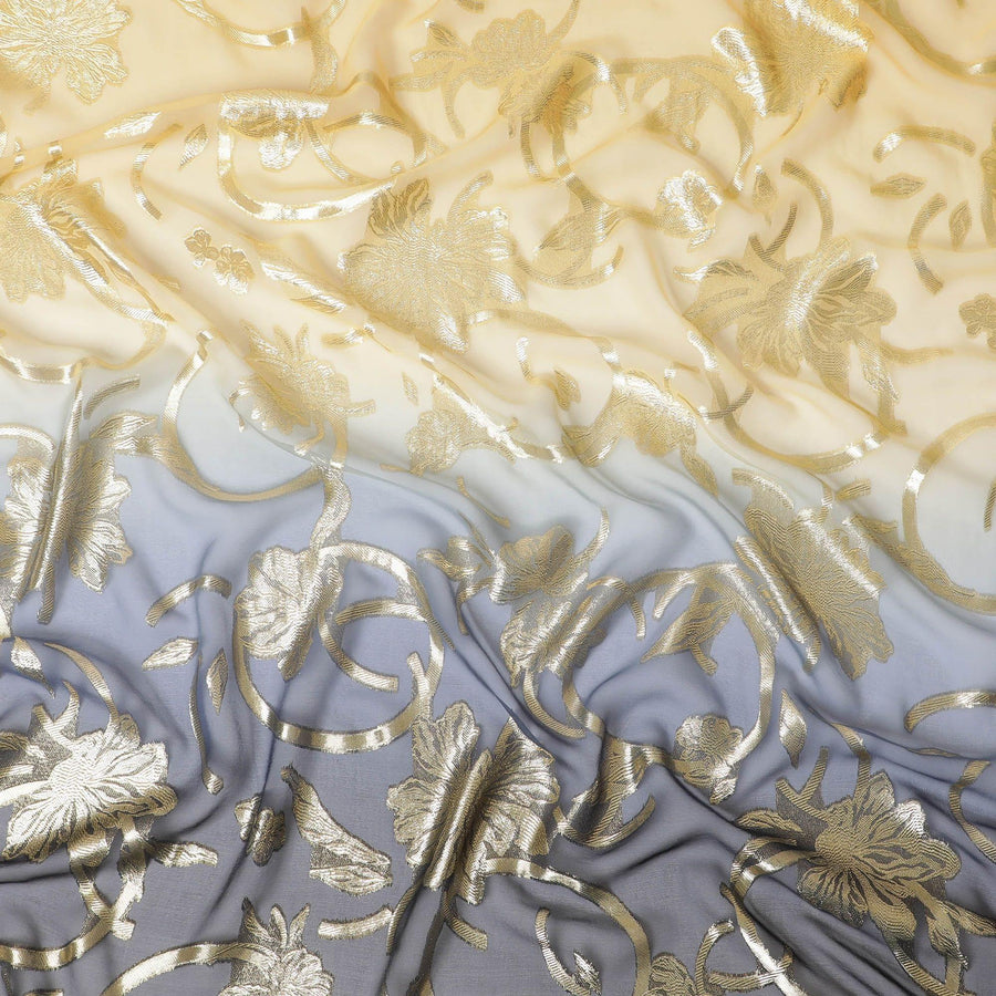 أزرق داكن داكن إلى ذهبي قماش شيفون حريري فرنسي خالص (فرنساوي) مع لوركس معدني ذهبي بتصميم متدرج -D14023