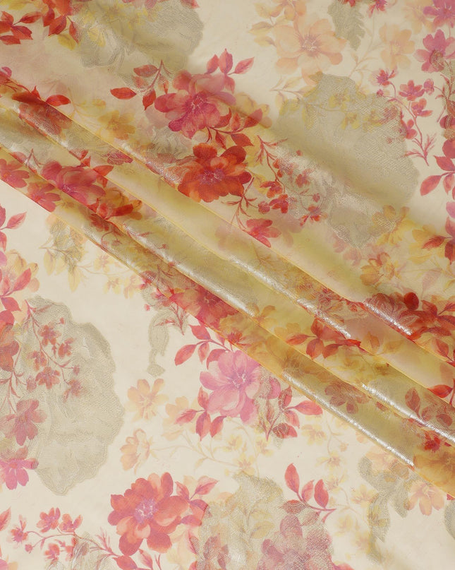 Beige premium pure silk chiffon fabric with brick pink, salmon print having gold metallic lurex in floral design-D10784
