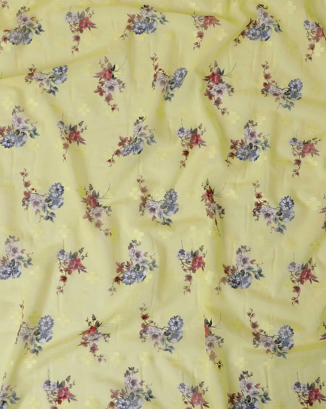 Sunflower yellow cotton voile fabric with same tone clipcord having multicolor print in floral design-D9065 Regal Fabrics