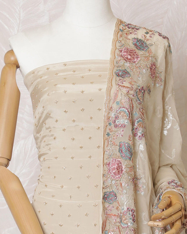 Beige Premium pure silk crepe kameez with multicolor embroidery, bead work, sequin work in floral design. Beige Plain salwar with same tone georgette dupatta having multicolor embroidery and bead work-D15572