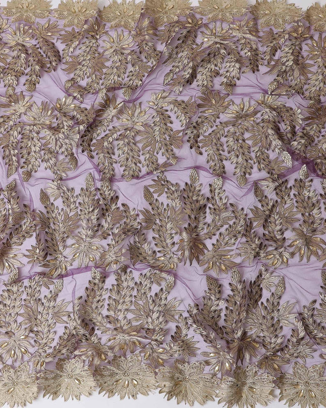 Purple nylon tulle fabric with gold embroidery having stone work in floral design-D11741 Regal Fabrics