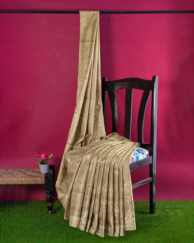 Taupe brown imitation silk saree with gold jacquard having same tone sequin work in floral design-D12787 Regal Fabrics
