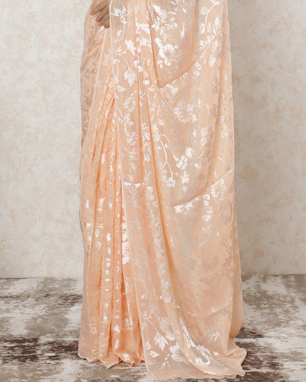 Peach premium pure silk chiffon saree with same tone jacquard having metallic lurex and stone work in floral design-D12592
