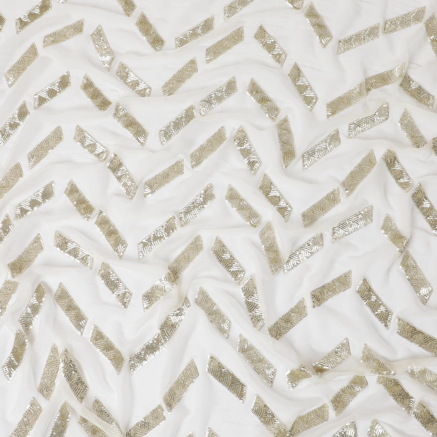 Off white premium pure silk chiffon fabric with same tone sequins embroidery in geometric design-D13623
