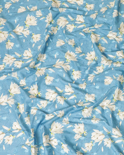 قماش الفوال القطني الأوراجيري الأزرق السيرولي مع جاكار بنفس اللون مع طباعة باللون البيج والرمادي النهري اللؤلؤي والأزرق البترولي بتصميم الأزهار-D7324