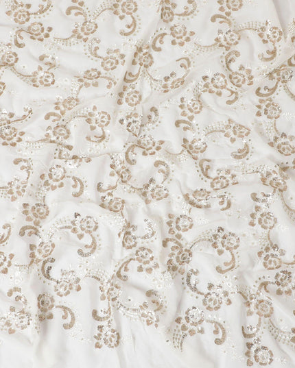 Off white premium pure silk chiffon fabric with same tone, sequins embroidery in floral design-D13678