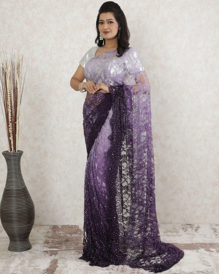 Dark plum to lavender Premium Pure French chnatilly saree lace having stone work in ombre design-D13468 Regal Fabrics