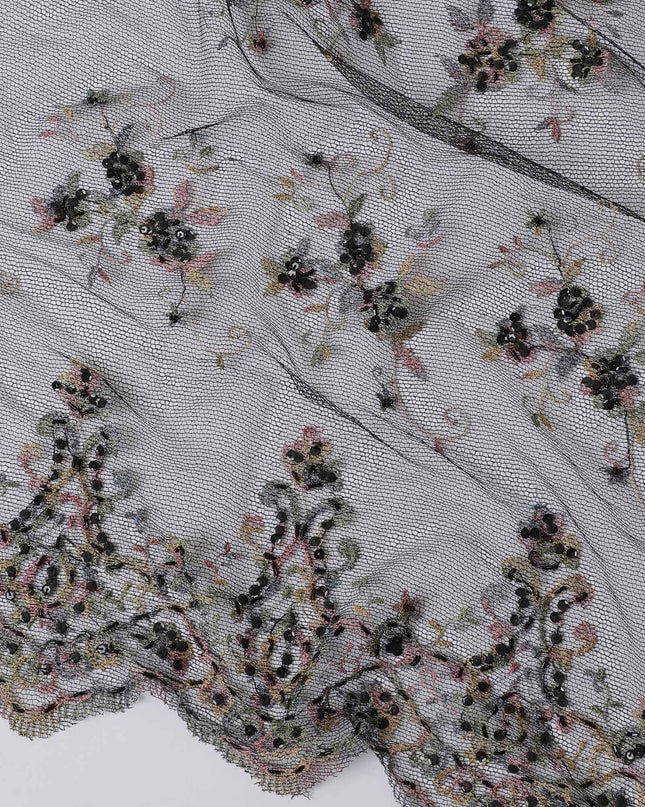 Black lace fabric with multicolor embroidery in floral design-D11739