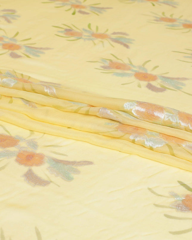 Mustard yellow silk chiffon fabric with olive green print having sage green, peach and silver metallic lurex in floral design-D6630