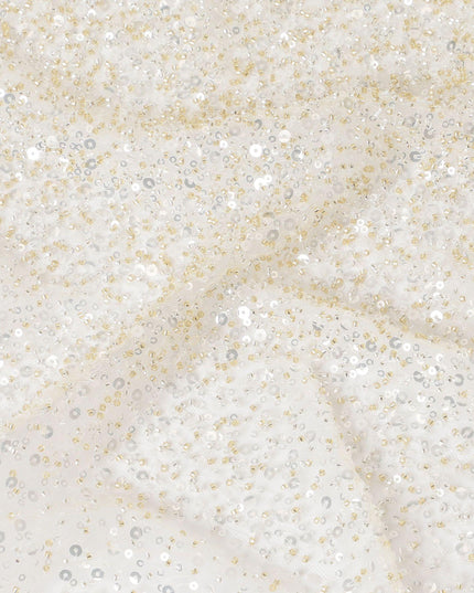 Gold nylon tulle fabric with same tone sequins and bead work in fancy design-D13966 Regal Fabrics