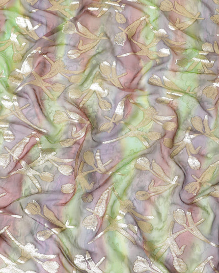 قماش شيفون حريري خالص مطبوع يدويًا متعدد الألوان مع لوركس معدني ذهبي بتصميم زهور-D9413