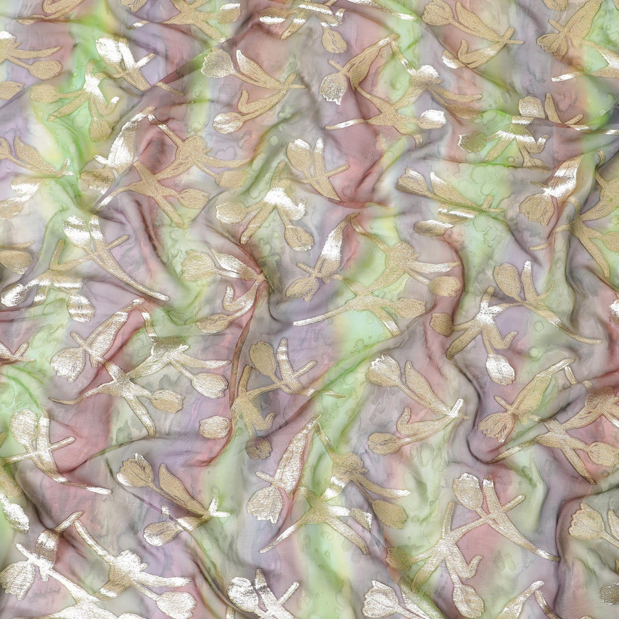 قماش شيفون حريري خالص مطبوع يدويًا متعدد الألوان مع لوركس معدني ذهبي بتصميم زهور-D9413