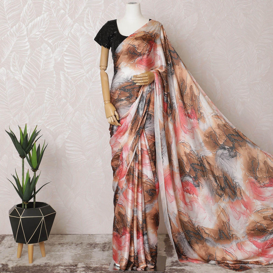 Off white synthetic satin saree with multicolor print having stone work in fancy deisgn-D15514