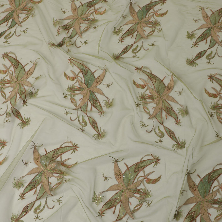 Light pear green nylon nylon tulle fabric with green sequins, multicolor bugle beads, embroidery in floral design