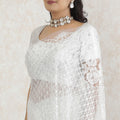White Premium Pure French chantilly lace saree having stone work in floral design-D13466
