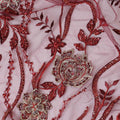 Maroon nylon tulle fabric with same tone, gold embroidery having bead work and pearl work in floral design-D13797