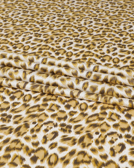Off white cotton satin fabric with light mustard and brown print in animal skin design-D6996 Regal Fabrics