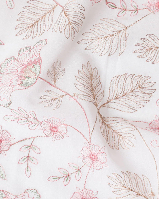 قماش فوال من القطن الخالص الأبيض الفاخر مع تطريز باللونين البني والوردي الصغير بتصميم الأزهار-D15234