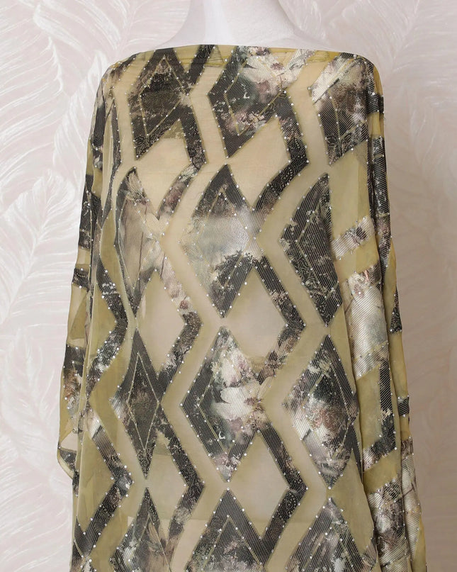 Gold Premium pure French (Fransawi) silk chiffon dirac fabric with multicolor viscose having brown metallic lurex and stone work in fancy design-D15126 Regal Fabrics