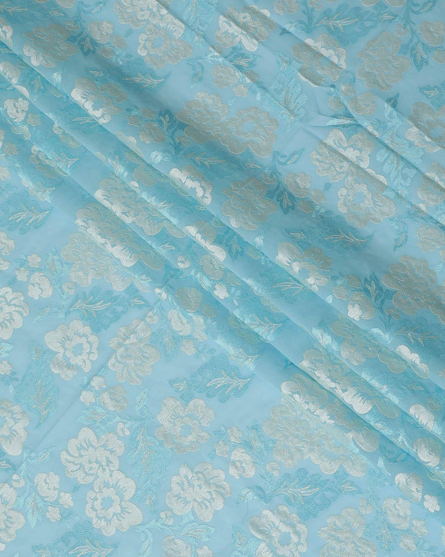 Baby blue premium pure cotton voile fabric with same tone and beige embroidery in floral design-D13638