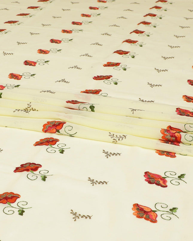 Blonde yellow Premium Swiss cotton voile (Thobe) fabric with beige, blaze orange, olive green, gold and crimson red embroidery having stone work in floral design-D7992