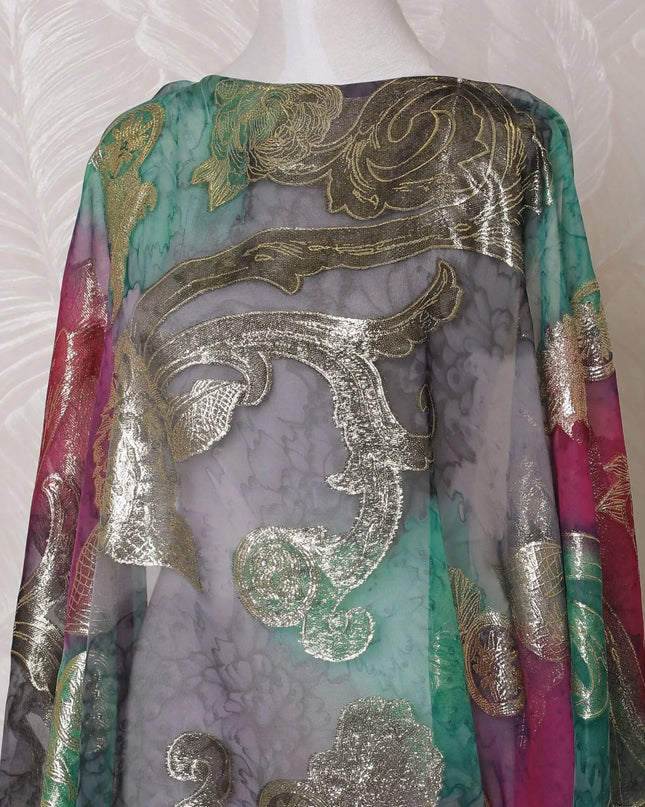 Multicolor Premium pure French (Fransawi) silk chiffon dirac fabric with hand print having gold metallic lurex in floral design-D15617 Regal Fabrics