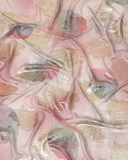 Sand brown synthetic chiffon fabric with same tone, copper and olive green print having gold metallic lurex in Leaf design-D7009 Regal Fabrics